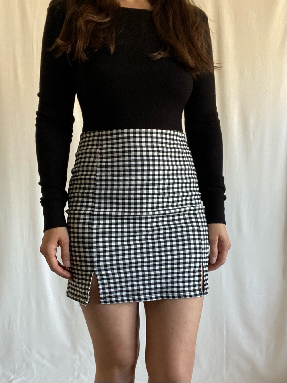 Sky and Sparrow Black & White Gingham Mini Skirt with Front Slits
